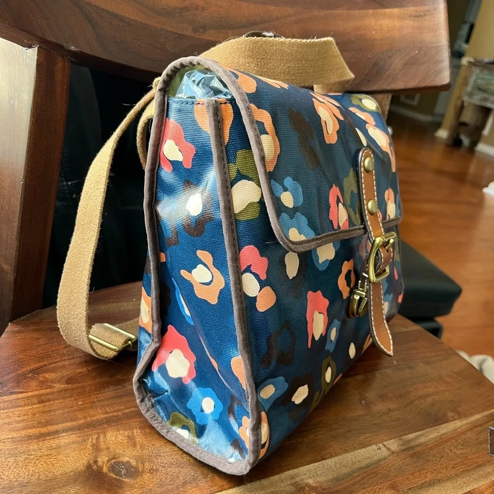 Fossil Navy Blue Floral Print Coated Canvas Crossbody Laptop Tote Bag